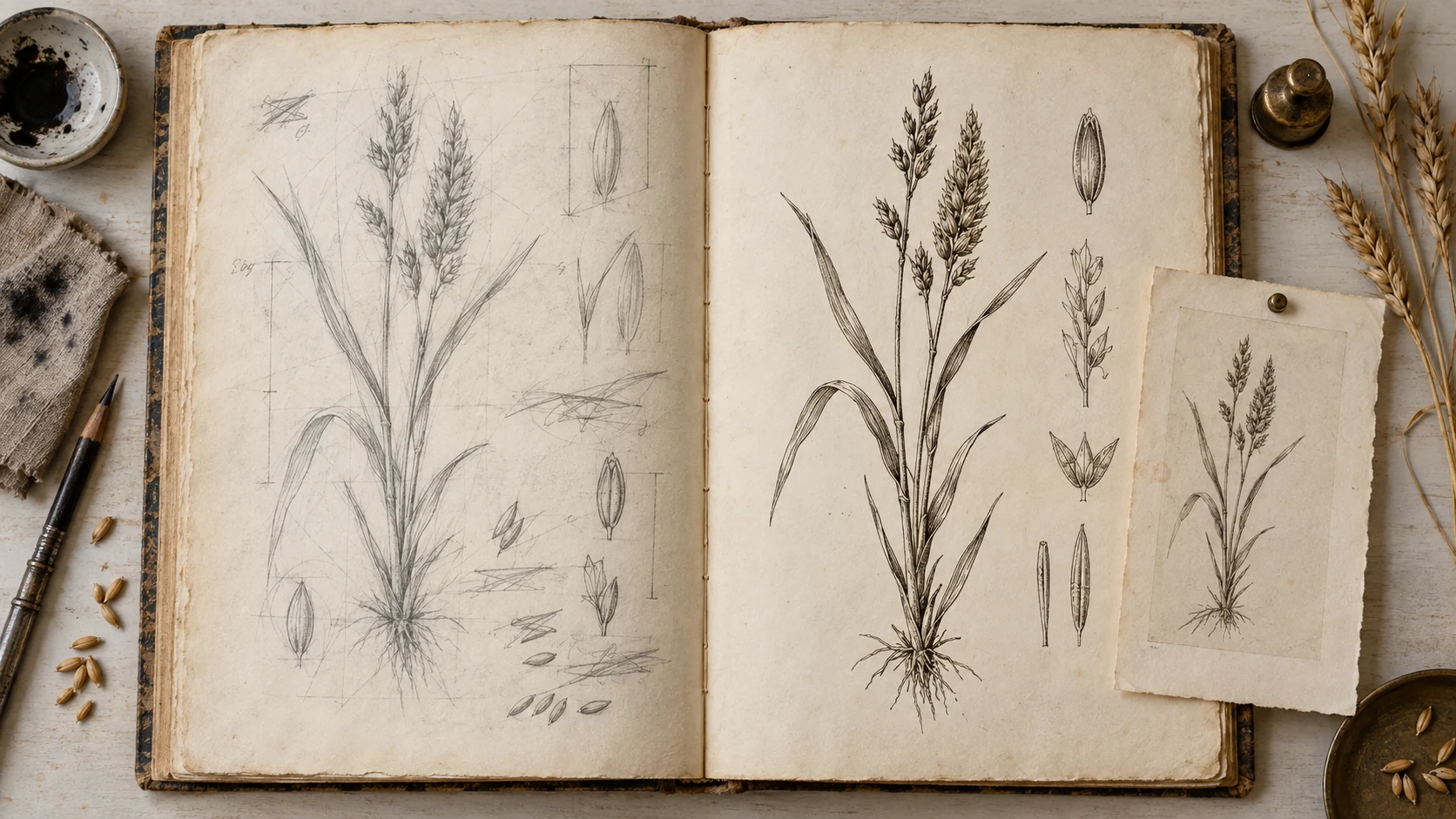 An original open folio showing a grain stem moving from rough sketch to inked print and paper proof