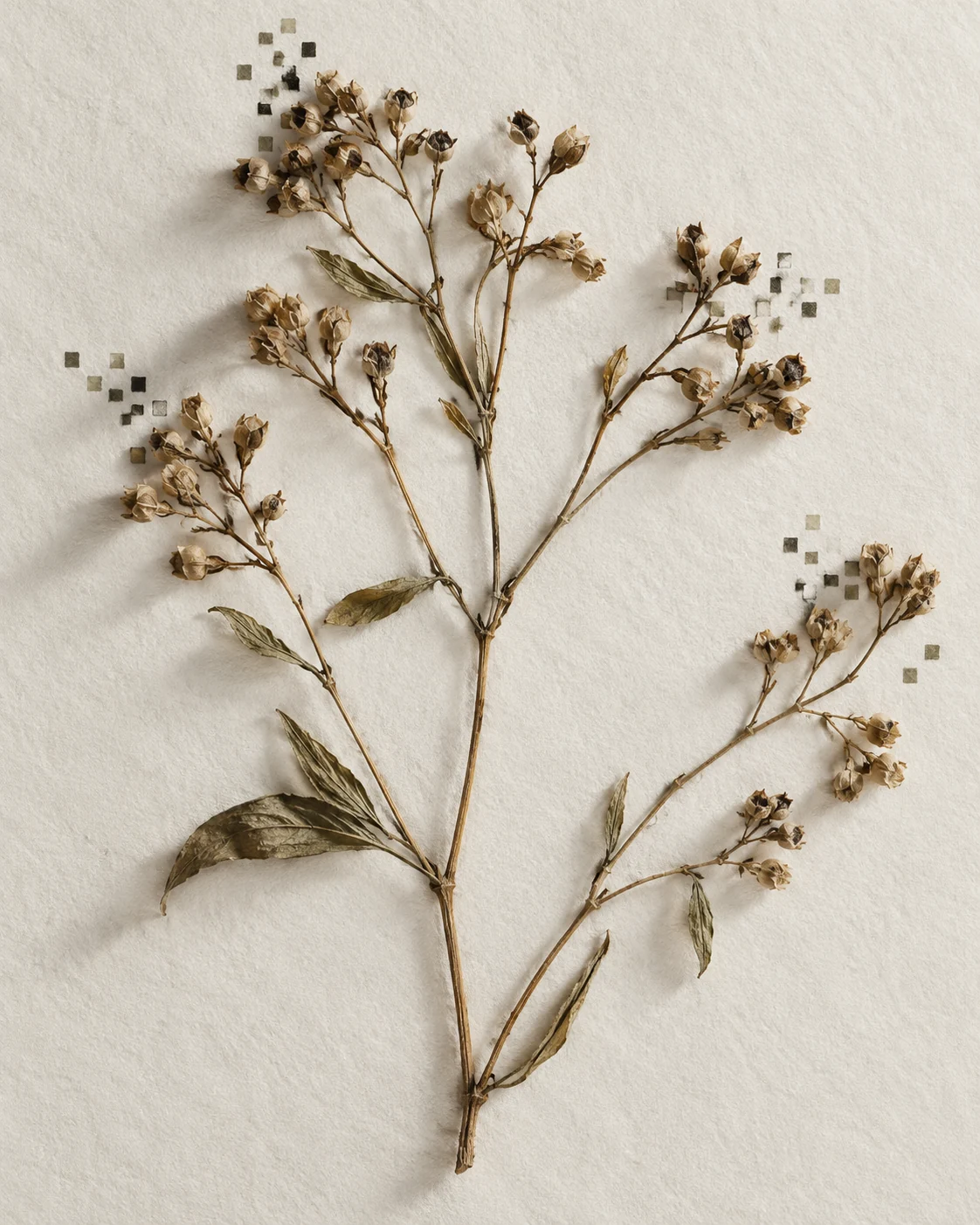 A dried botanical specimen on warm white paper