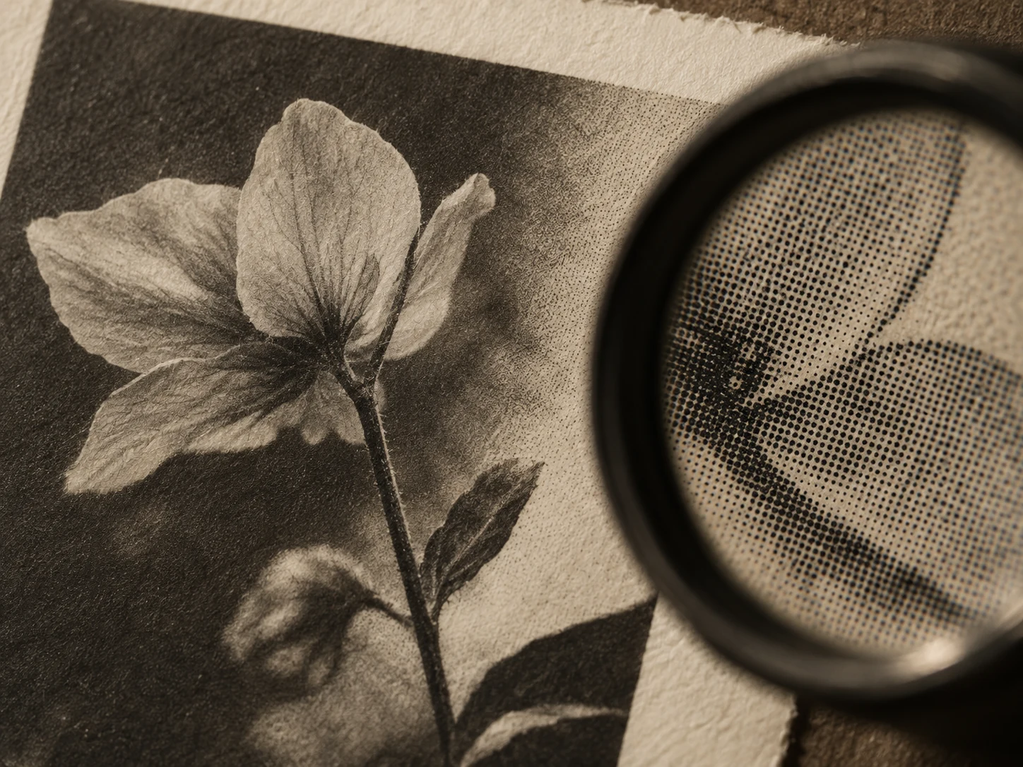 An original close study of an ink print and its halftone grain