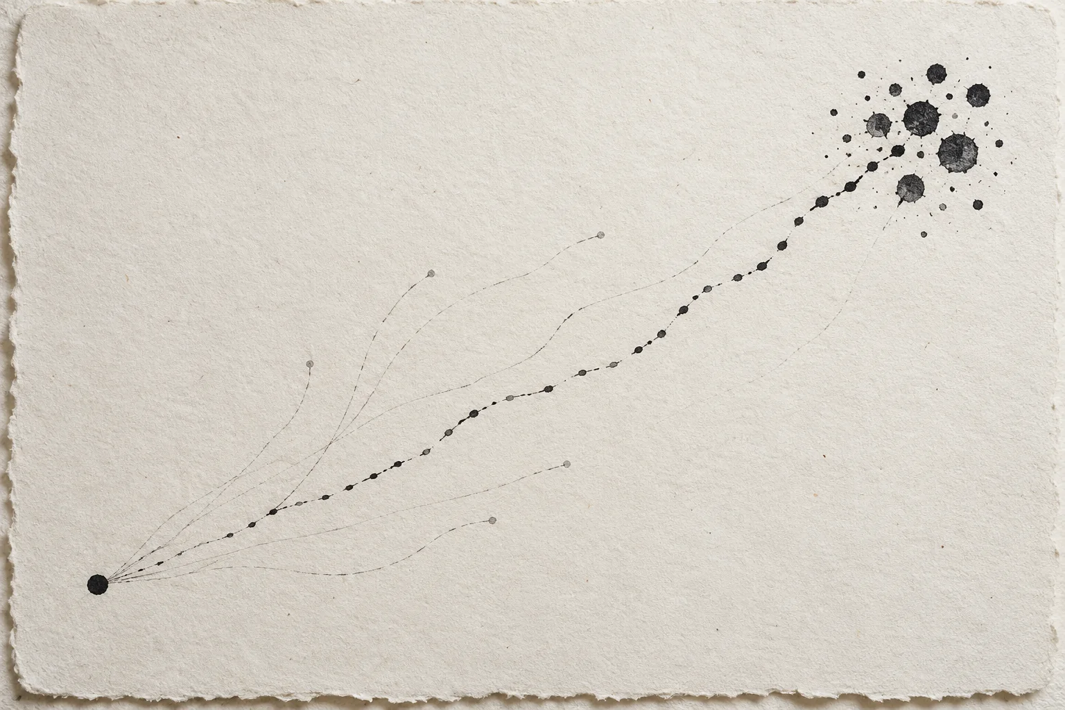 Several faint ink routes cross handmade paper; one gathers repeated marks and reaches a small cluster.