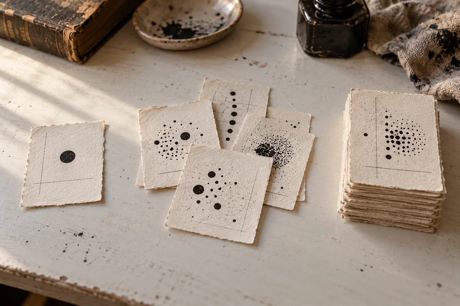 A single handmade proof gives way to several variations and a small stack of retained experiments.