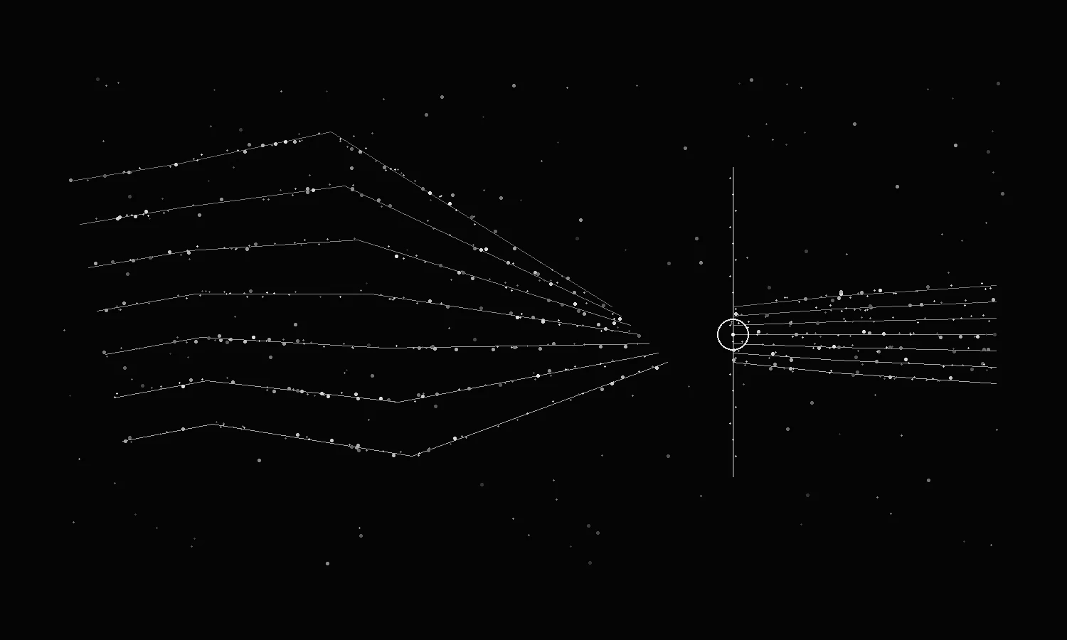 Several grain-like paths converge at a point of review, then leave as a smaller set of checked outcomes.