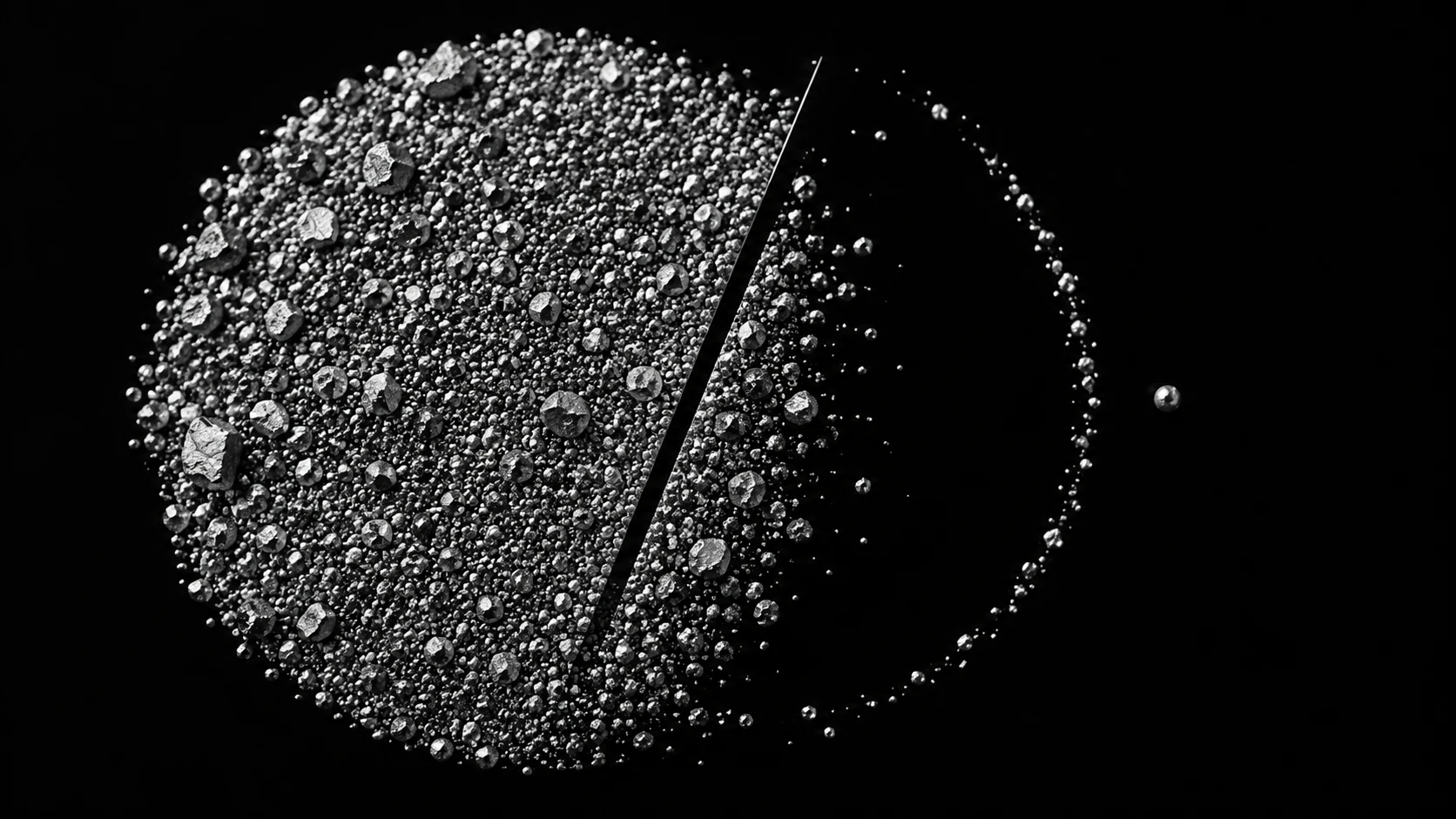 A dense circle of silver grains is cut by a dark line and thins into a sparse arc on black