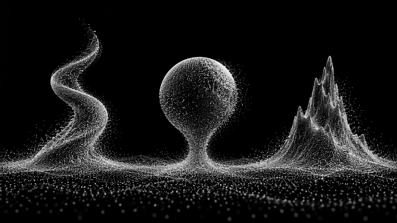 Three distinct silver grain forms rise from one continuous field against black